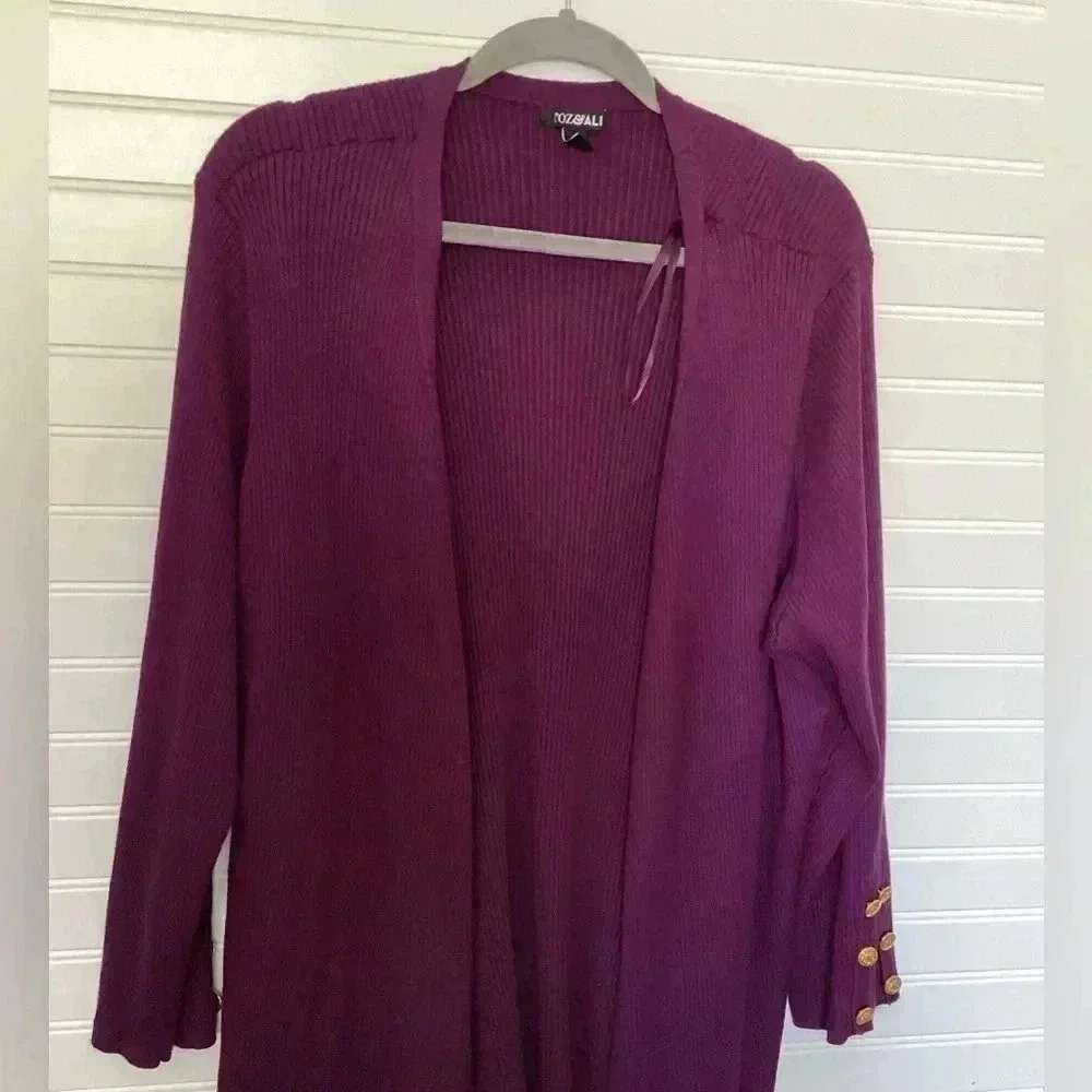 Roz&Ali Womens 3X Plum Purple Open Lon Sleeve Cardigan Ribbed knit Golden Button
